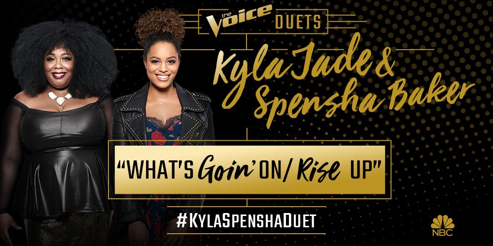 NBCTheVoice's tweet photo. RT to VOTE for @kylasings and @spenshabaker’s duet of “What’s Goin’ On/Rise Up” #KylaSpenshaDuet https://t.co/XQyXGHgbHW
