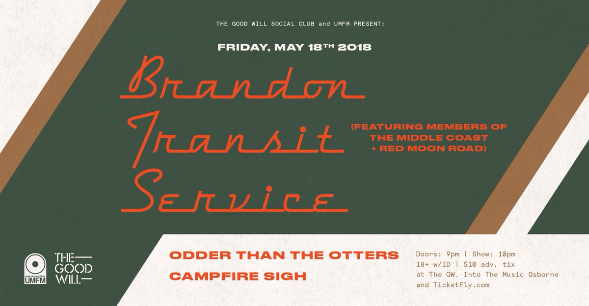 Members of <a href="/RedMoonRoad/">Red Moon Road</a> and <a href="/themiddlecoast/">Middle Coast</a> make up Brandon Transit Service who are headlining tomorrow night on our stage! Also playing are <a href="/OdderOtters/">OdderThanTheOtters</a> and Campfire Sigh. Tickets are $10 at the door!