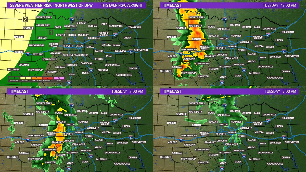 wfaaweather's tweet photo. May get noisy for some overnight! A cluster of storms make a run toward NTX. However, it will be greeted by our strong cap. That means most storms will quickly fall apart. Though they may weaken, we'll still see some wet weather into Tue AM...especially W/NW of DFW. #wfaaweather https://t.co/nLAgnFCpA4