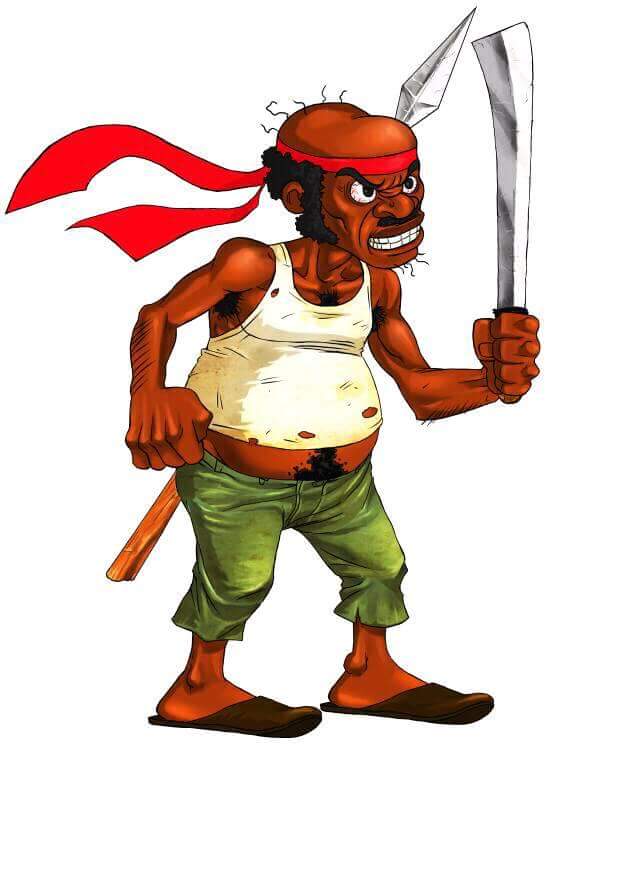 Rigobert est un fou qui vit au cœur de la forêt de Bayangam (Ouest Cameroun). Une matinée en rentrant chez lui, il se rendit compte que sa chèvre avait disparu. Fou de rage, il s'arma de sa lance et de sa machette et suivit les traces de pas du présumé voleur...