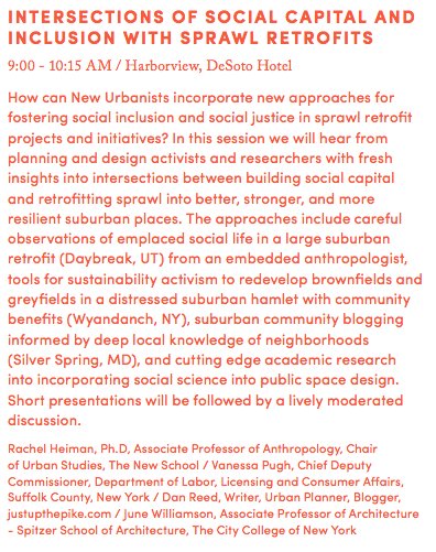 Excited to moderate this panel on Friday #CNU26 in Savannah! <a href="/justupthepike/">dan reed 🦀🏳️‍🌈🇬🇾👋🏾</a> Social capital + inclusion + #sprawlretrofit #retrofittingsuburbia <a href="/BetterBurb/">Build a Better Burb</a> <a href="/NewUrbanism/">Congress for the New Urbanism</a> <a href="/SprawlRepairMnl/">Sprawl Repair</a> 
Will talk about #WyandanchRising and #Daybreak and #silverspring