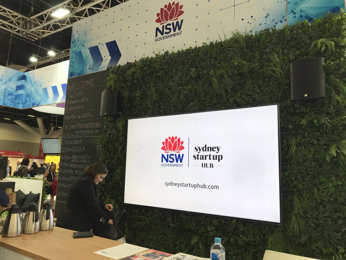 NSWBusiness's tweet photo. Come visit the NSW Government stand at #CeBITAus and catch one of our presentations from startups and businesses throughout the day! @CeBITAus https://t.co/WrYS2OXctN