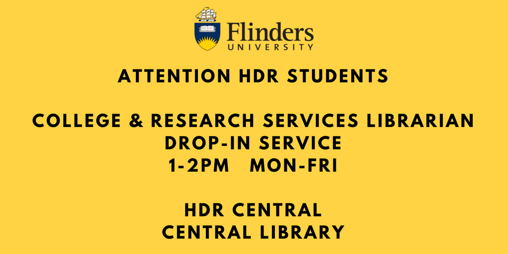HDR library drop in sessions -HDR Central weekdatys 1-2pm <a href="/HDRFlinders/">Dani Milos</a> <a href="/tarabrabazon/">Tara Brabazon</a> #ResearchLibrarians #Flinders #Research #Researchlife #Librarylife
