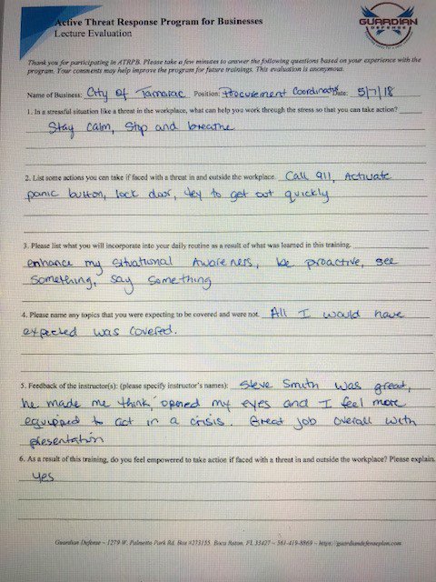 GuardianDefens's tweet photo. Working on a custom time frame w/ admin #CityofTamarac. Grateful 4 each eval #BuildingAFoundation #activeshootertraining #threatresponsetraining #employeetraining #stafftraining #activeshooter #activekiller #activethreat #workplaceviolence #workplaceviolenceprevention #jobsafety https://t.co/VfAcHv3gtr