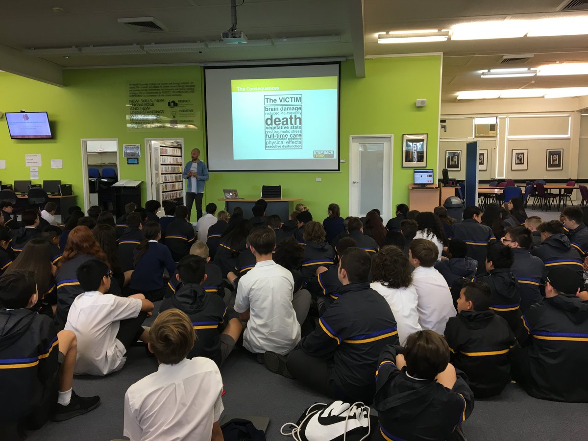 Rosehill_SC's tweet photo. Our Year 8 cohort attended a presentation from @StepBackThink They heard stories about young people that were assaulted, leaving them with injuries from which they will never recover. They learnt how to avoid hostile situations and their consequences. #stepbackthink #Violence https://t.co/BLGJU8z8Kw