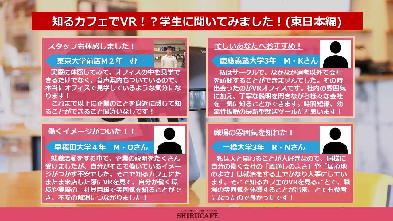 知るカフェ公式 On Twitter 第3弾 Vrを実体験 学生の声を聞いた 東日本編 知るカフェに設置してあるvr 学生の生の声を聞いてみました Vrオフィス見学は なんと音声案内付き それにより会社の雰囲気を知ることができ また企業を身近な目線から