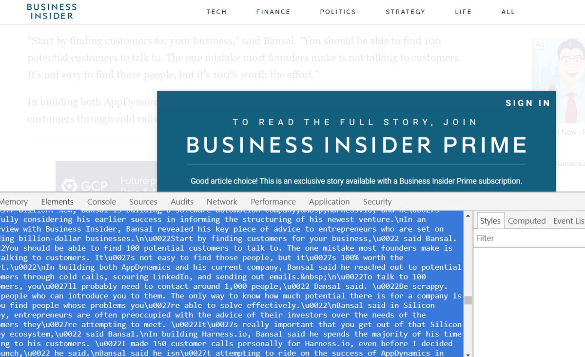 anshulix's tweet image. Business Insider premium membership is not required to be bought, as one can easily read the content by accessing dev tools. Build better products :)
@businessinsider #premiummembership #easyhacking #poorcoding