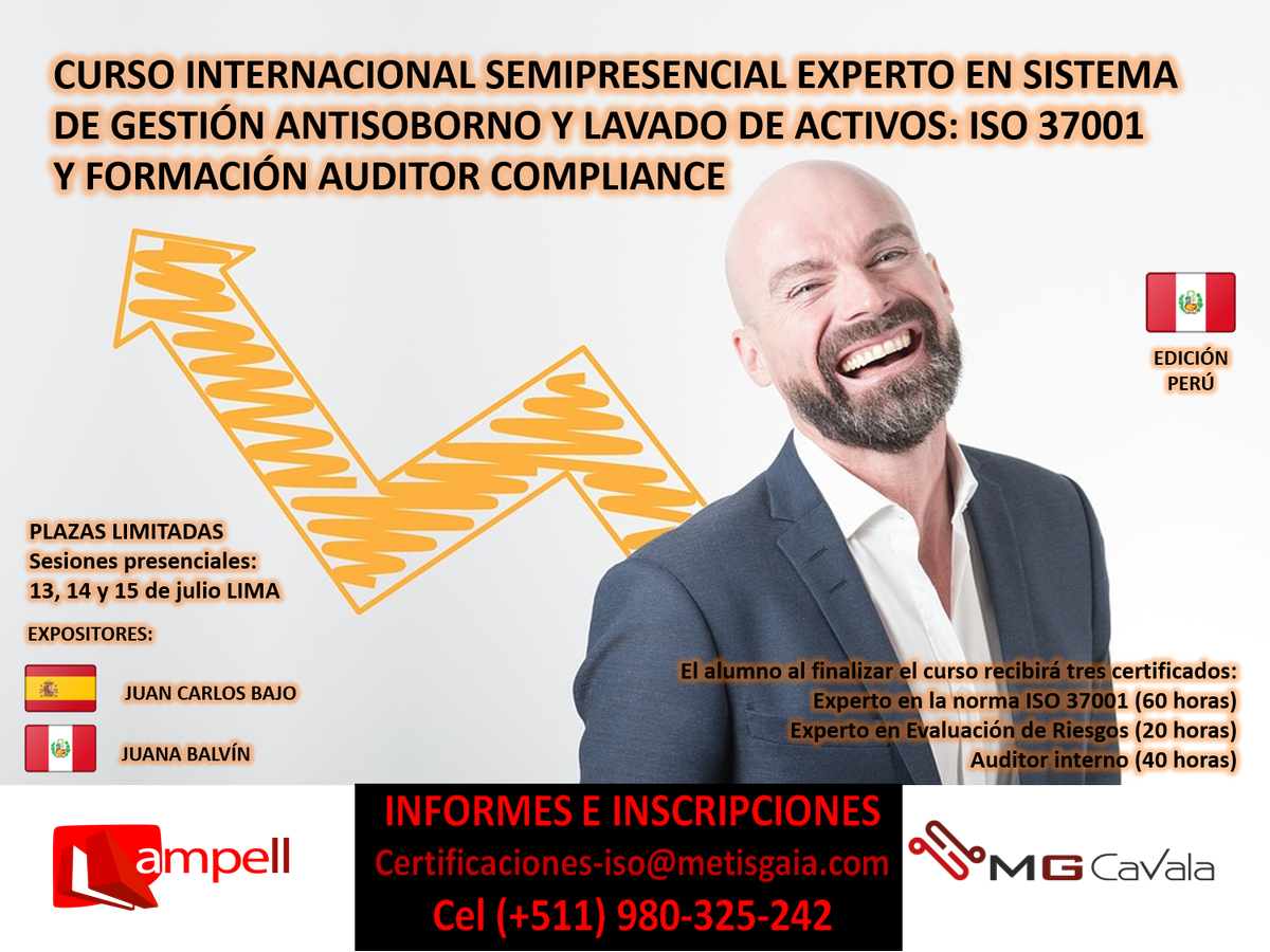NewsCompliance's tweet photo. CURSO INTERNACIONAL EN LIMA 13, 14 y 15 de julio SEMIPRESENCIAL.
EXPERTO EN SISTEMA DE GESTIÓN ANTISOBORNO Y LAVADO DE ACTIVOS: ISO 37001 
Y FORMACIÓN AUDITOR COMPLIANCE
#ISO37001 https://t.co/ZDobY1Xd4O