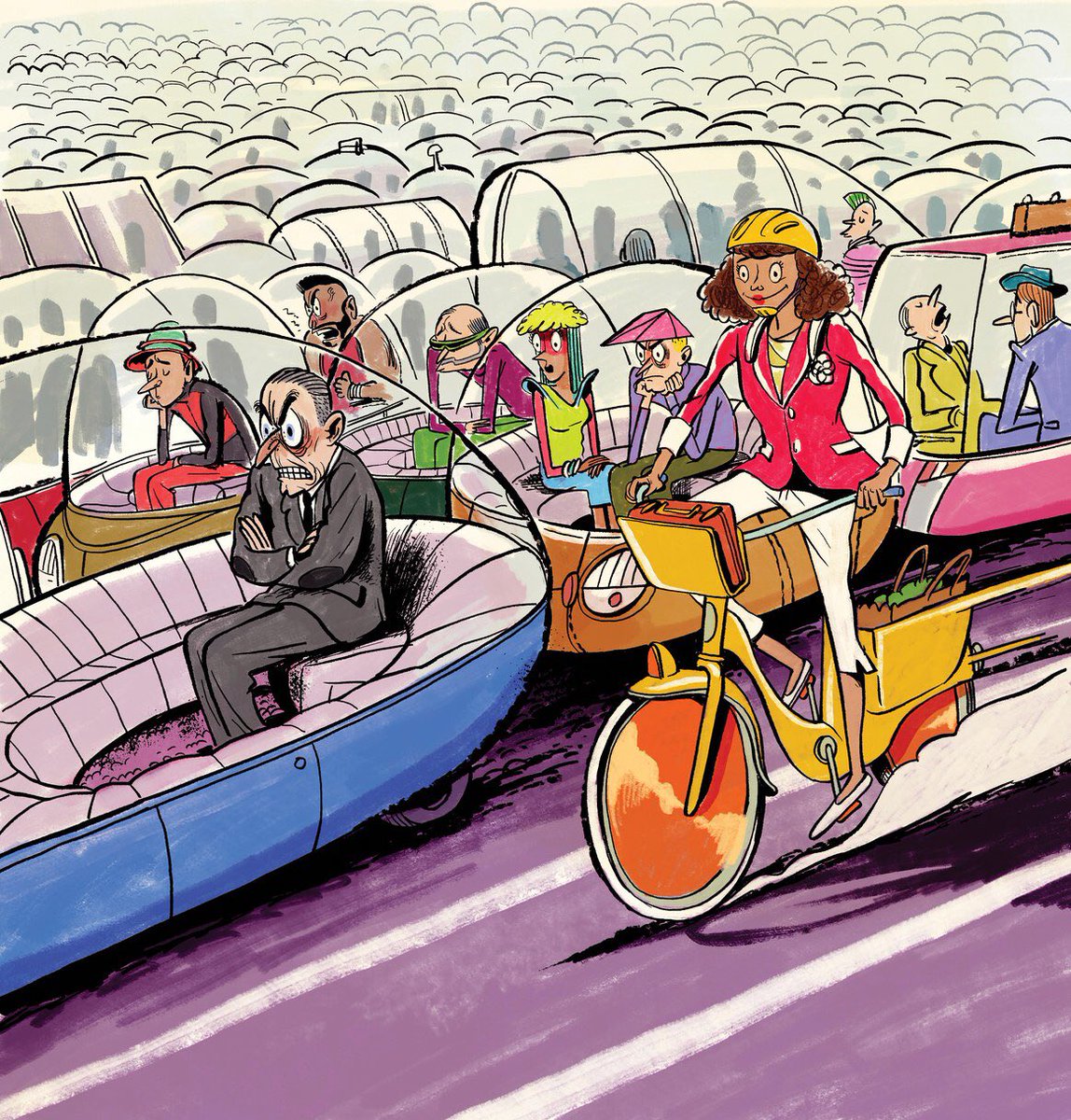 BrentToderian's tweet photo. Even if we eventually don’t need to drive cars, they’ll still be stuck in traffic, especially if they actually lead to more car trips. Biking, walking &amp; transit will always be healthier, greener, better for cities — &amp; often even faster. HT @Wired for the beautiful illustration https://t.co/w7zJdHApKg