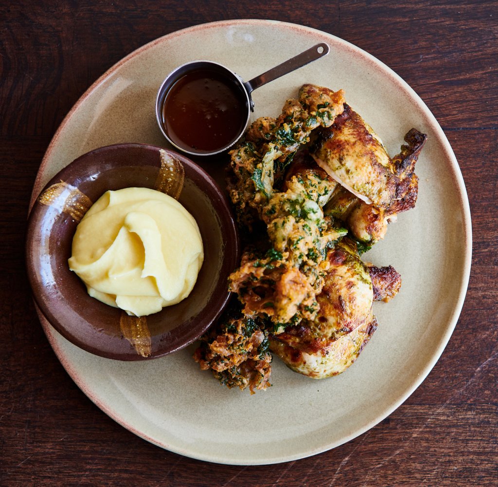MUSTtweets's tweet image. Whole Rotisserie Liberty Free Range Chicken marinated with Herbs &amp;amp; Yoghurt, Kale Fritters, Potato Purée, Jus Gras. Who are you sharing this with?