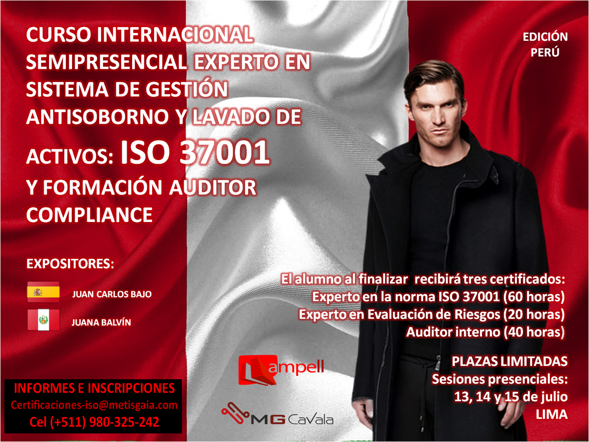 NewsCompliance's tweet photo. CURSO INTERNACIONAL EN LIMA SEMIPRESENCIAL. EXPERTO EN SISTEMA DE GESTIÓN ANTISOBORNO Y LAVADO DE ACTIVOS: ISO 37001 
Y FORMACIÓN AUDITOR COMPLIANCE.
#ISO37001 https://t.co/MMdQj6SUpl