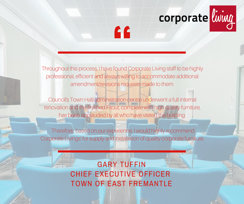 CorpLivingnetau's tweet photo. Gary Tuffin from the Town of East Fremantle gave us a testimonial about the work Corporate Living performed at the Town Hall/Administration Centre
To view the full project
https://t.co/Vq55eznJnu
#living #office #furniture #projects #happycustomer #perth https://t.co/j6T0tblanF