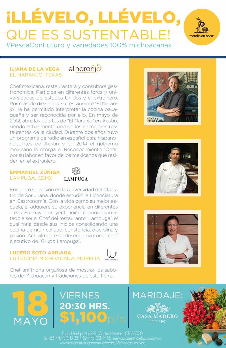 El 18 de mayo no te pierdas esta cena en <a href="/LuCocina/">Lu Cocina Michoacana</a> en #Morelia con <a href="/elnaranjoaustin/">El Naranjo</a> <a href="/LampugaMX/">Lampuga</a> @chefemmanuelamp en el marco de <a href="/moreliaenboca/">Morelia en Boca</a> #Reserva