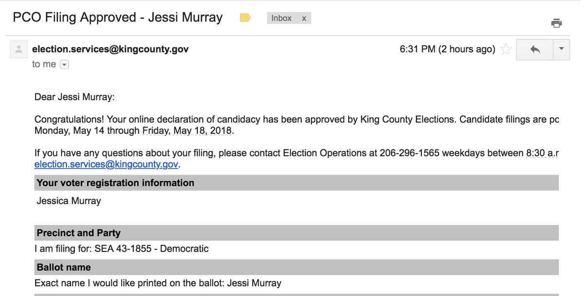 jessimurray's tweet photo. It may just be PCO, but I've filed this #filingweek (and actually my name will be on the ballot since I think I'm in the only contested precinct in the 43rd so far...) https://t.co/nntxhLW8iE