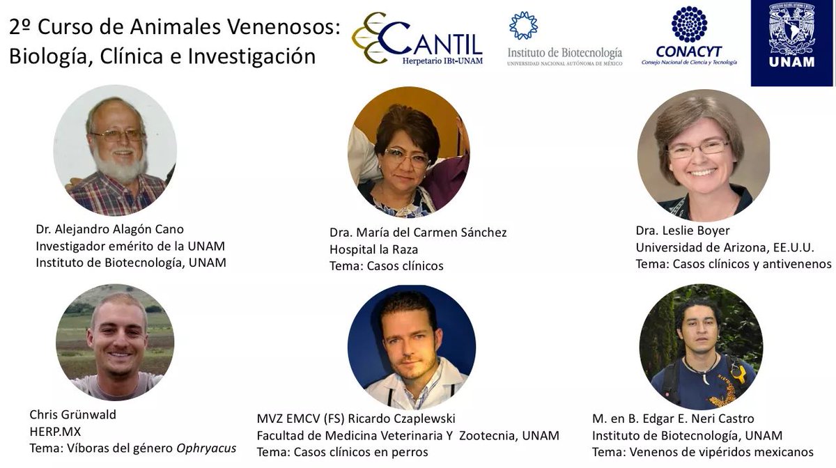 IBt_Cantil's tweet photo. Ponentes confirmados para el 2° #CursodeAnimalesVenenosos en México! 
Reserva tu lugar mandando tu Nombre completo y lugar de procedencia a curso.venenosos2018@gmail.com

@IBt_Cantil @ibtunam @UNAM_MX #Venenos #Biotecnología https://t.co/eiOesvE5RE