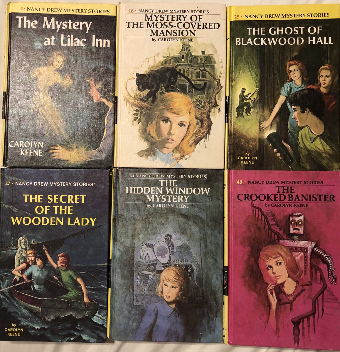 I used to love reading #NancyDrew #MysteryStories. The artwork was always so beautiful, too. 

#MysteryOfTheMossCoveredMansion
#TheMysteryAtLilacInn (first Nancy Drew book I got)
#TheHiddenWindowMystery 
#TheCrookedBanister 
#TheGhostOfBlackwoodHall
#CarolynKeene ❤️