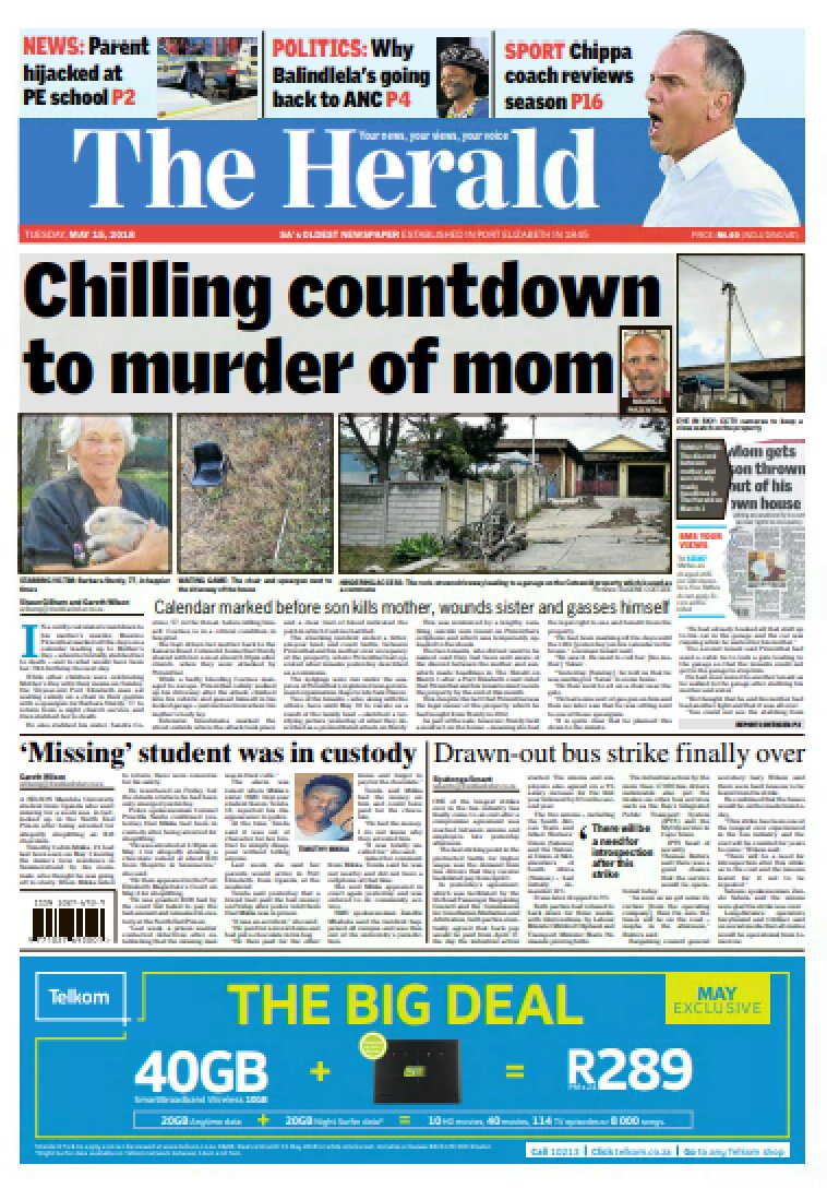HeraldNMB's tweet image. In The Herald today: #FamilyFeud #MurderSuicide #MissingStudent #BusStrike #Rugby #EPElephants #Cricket #Soccer