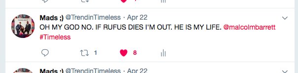 TrendinTimeless's tweet image. Even though when Rufus died I was about to turn off the TV bc he's my actual favorite, I know we can #SaveRufus and #RenewTimeless if we show @nbc how valuable the show is and how close we hold it to our hearts. Rufus will forever be my favorite, no matter what. @malcolmbarrett
