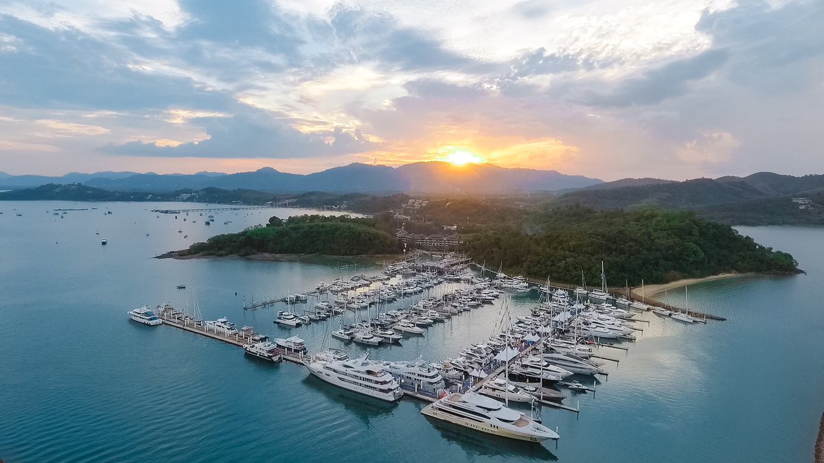 An aerial view of Friday nights sunset of this years event in February #yacht #superyacht #yachtshow #yachts