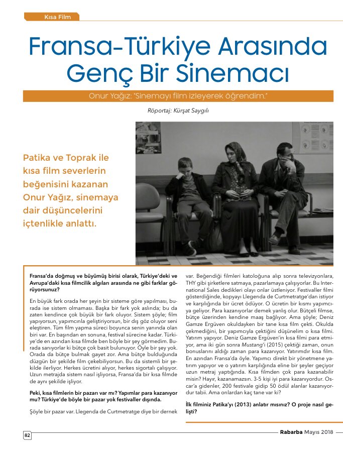 Patika ve Toprak filmleriyle sinemaseverlerin ilgisini çeken Onur Yağız ile sinema üzerine keyifli bir sohbet gerçekleştirdik. 
#RabarbaMayıs2018 
#kısafilm