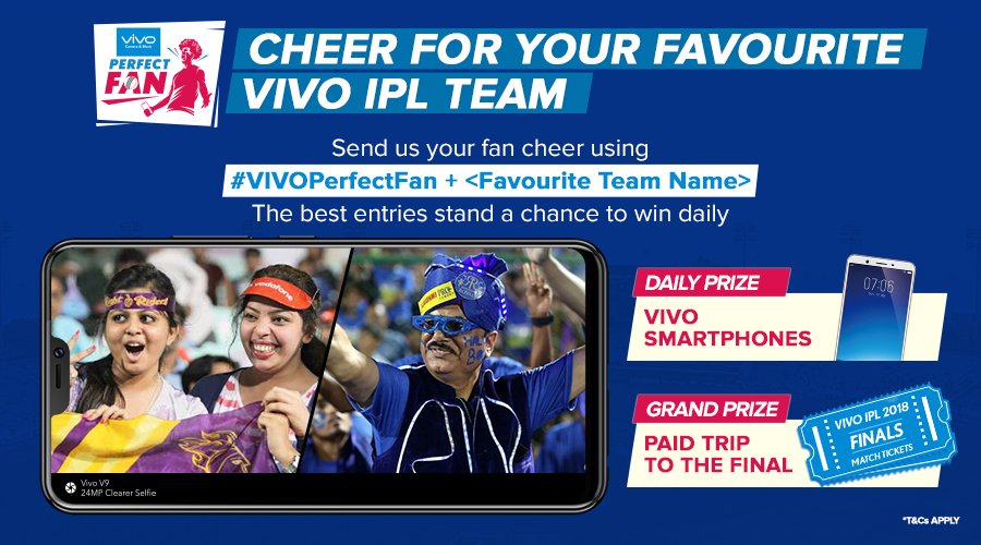 StarSportsIndia's tweet photo. Attention, #VIVOIPL fans! Match tickets for the big final and daily @Vivo_India smartphones are up for grabs for the perfect fan. Share pictures videos of your best fan cheer moments with #VIVOPerfectFan + <Your Favourite Team> and stand a chance to win BIG! https://t.co/D3BHJKbQzi