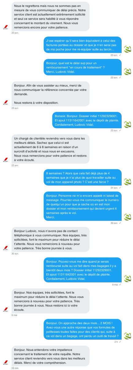 lequipementfr's tweet image. OK @AirFranceFR, vous entendez mon impatience. Du coup, je peux la montrer à tout le monde ? Pas de délais, jamais de rappel, aucune confirmation du montant du remboursement, des réponses toute faites : "un #ServiceClient de qualitay" …