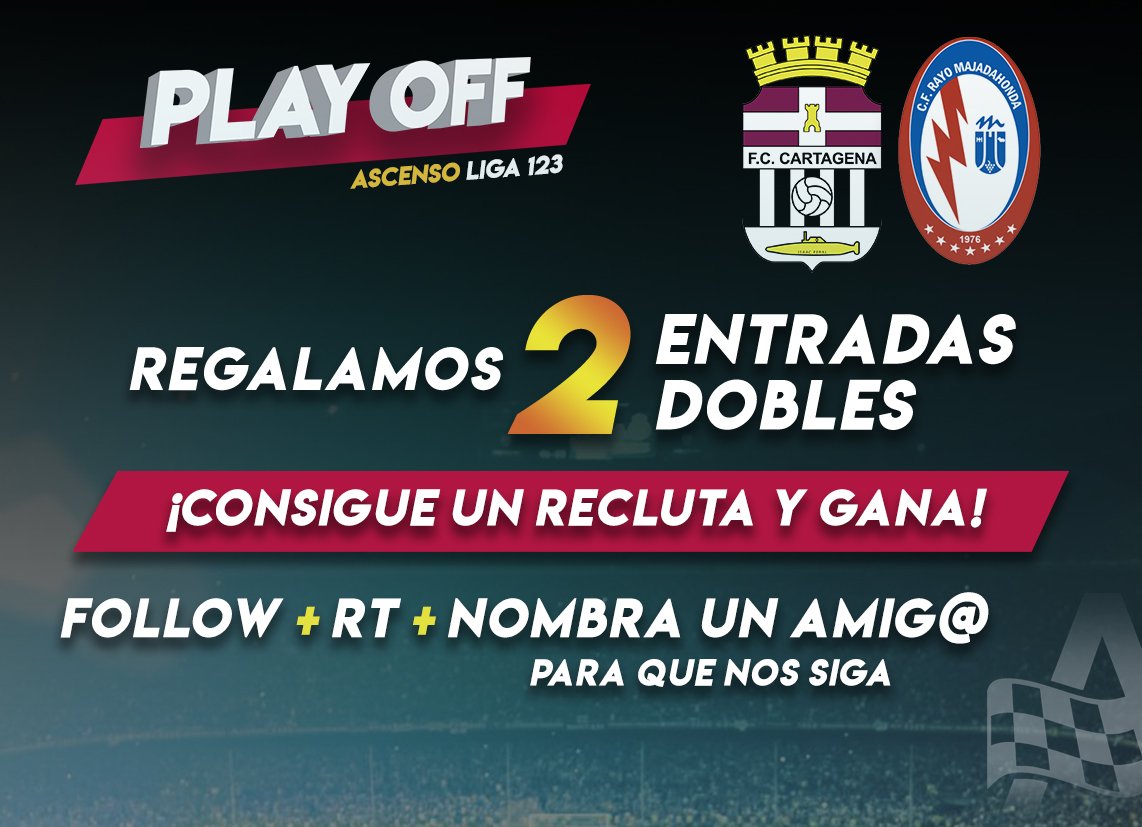 ApuestasdMurcia's tweet photo. ¡Fans del @FCCartagena_efs tenemos una final en el horizonte! ¿Queréis una entrada doble para el partidazo? 📣¡Consigue un recluta y gana! 
#DestinoLaLiga123 #VamosCartagena 
Haz esto ⬇️
✅Follow
✅RT + #EfeseADM
✅Nombra un amig@ para que nos siga https://t.co/NVEfRRIEf8