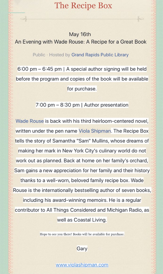 viola_shipman's tweet photo. Come to #reading &amp; #signing #Novel The Recipe Box @grpl Wednesday May 16th 7:00pm #events #GrandRapids @PromoteMichigan #read #therecipebox #recipe #RecipeOfTheDay https://t.co/8LOsju4YjV