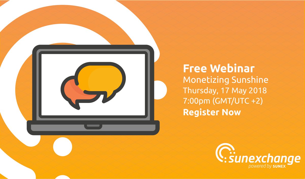 AndrewCMMurray's tweet photo. Free Blockchain-Energy Webinar! Topics: The blockchain-energy landscape, starting with Crypto's, intro to ICO's, the growth of the solar industry, and our SUNEX Token Sale! Register here https://t.co/y1HoLkggGe  #blockchain #RenewableEnergy #ICOs #cryptocurrency #bitcoin #BTC https://t.co/Aqmxe2EUAo