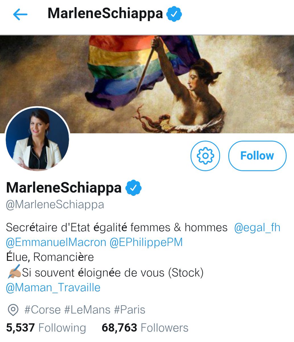 KimJongUnique's tweet photo. Le drapeau tricolore remplacé par celui des LGBTQI+ sur la bannière du compte Twitter de Schiappa. Sans commentaire! https://t.co/8D2lUQylWr