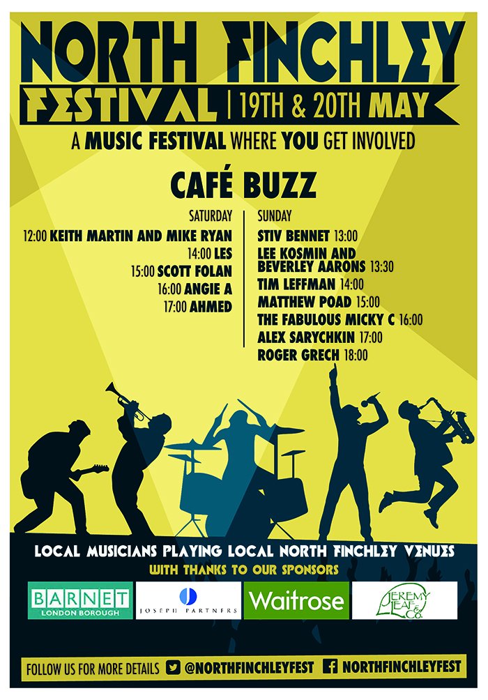 NorthFinchFest's tweet photo. Come along to #CafeBuzz this weekend for a celebration of local talented musicians as part of North Finchley Festival. It's all free! Come join us. Line-up below! 💛
#NorthFinchleyFestival #NorthFinchley #Barnet @buzzinghelen https://t.co/4cV7w8N77H