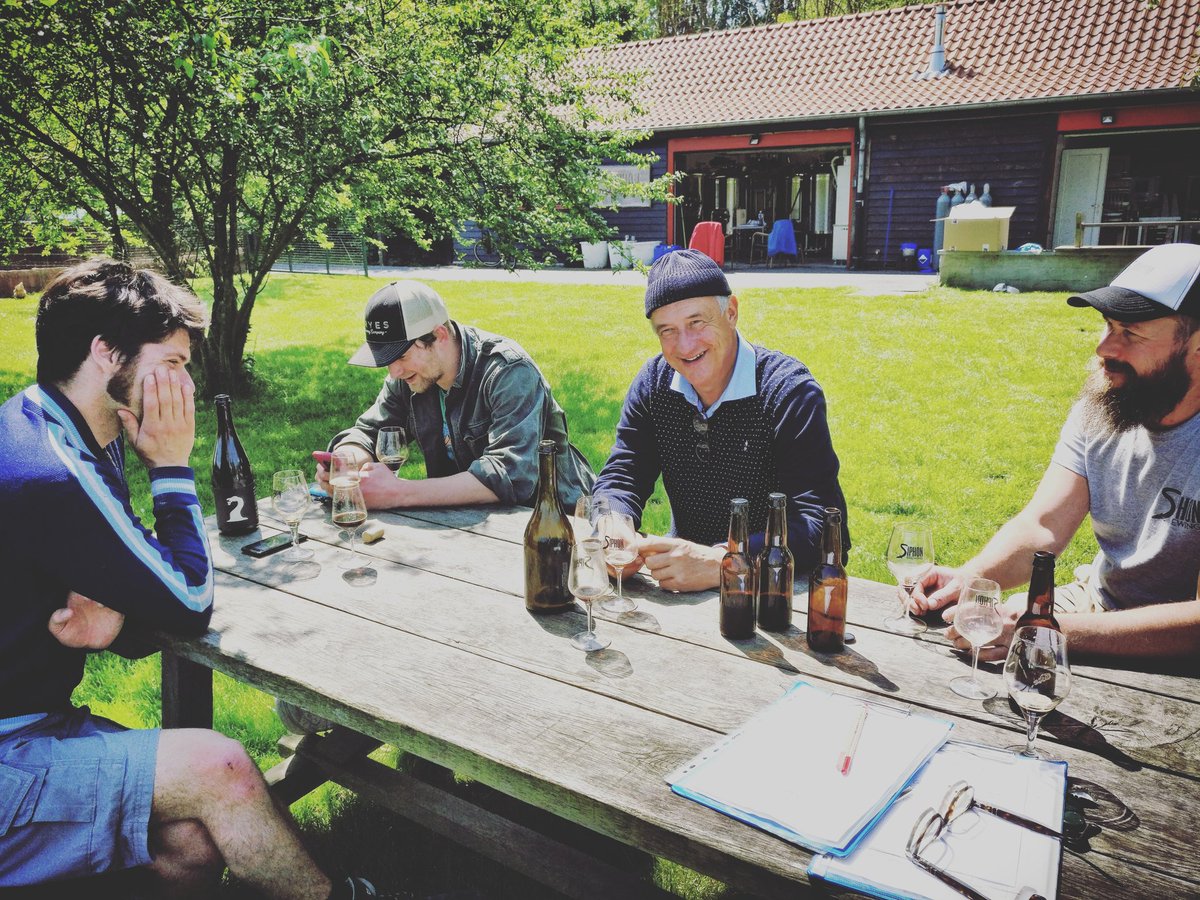 Lunch break. Koen from <a href="/BrouwersVerzet/">Brouwers Verzet</a>, Jef from <a href="/HofTenDormaal/">Hof Ten Dormaal</a> and Armand De Belder discuss hop additions on our collaboration today, a 'New England Saison' to celebrate our 100th brew: CENTURION. Brewed for pouring at our second birthday party.