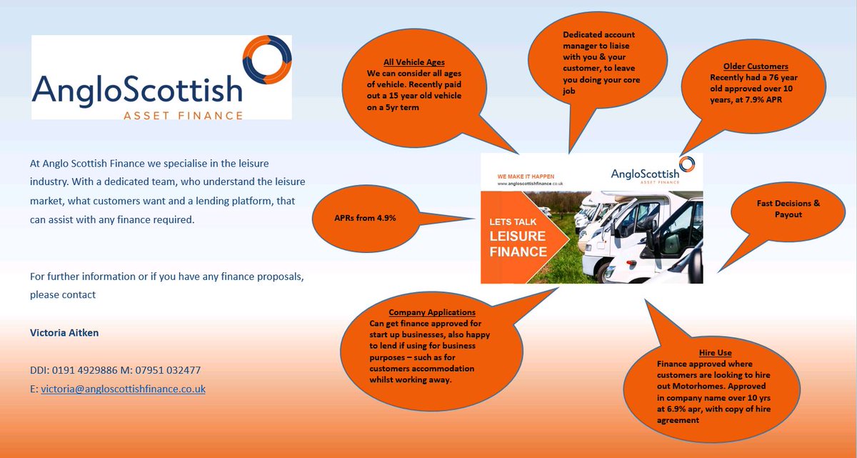 vicaitkenASAF's tweet photo. Looking to add to your motorhome &amp; Caravan funder portfolio, these are the reasons that dealerships use Anglo Scottish. If you have proposals that your main funders wont accept, please get in contact Vicky 0191 492 9886 #motorhomes #caravans #vanlife #travel #holidays #explore https://t.co/6Bkdzgpb9h