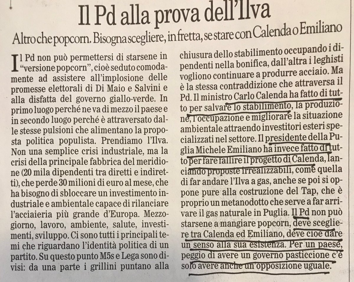 #ILVA. <a href="/CarloCalenda/">Carlo Calenda</a> ha fatto di tutto per salvarla @Micheleemiliano ha fatto di tutto per far fallire progetto Calenda. <a href="/pdnetwork/">Partito Democratico 🇮🇹 🇪🇺</a> deve scegliere, dare senso alla sua esistenza.Peggio di avere governo pasticcione c’è solo avere opposizione uguale. <a href="/ilfoglio_it/">Il Foglio</a>