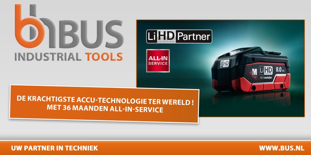 BusIndustrial's tweet photo. BUS IS METABO LiHD PARTNER
Met de accu-technologie van Metabo en het Partnerschap van Bus bent u verzekerd van..
• Exclusieve 36 maanden all-in-service
• Exclusieve aanbiedingen

Bekijk hier de folder:
https://t.co/qi8ac13Xk9 https://t.co/gpkCkdSgZk
