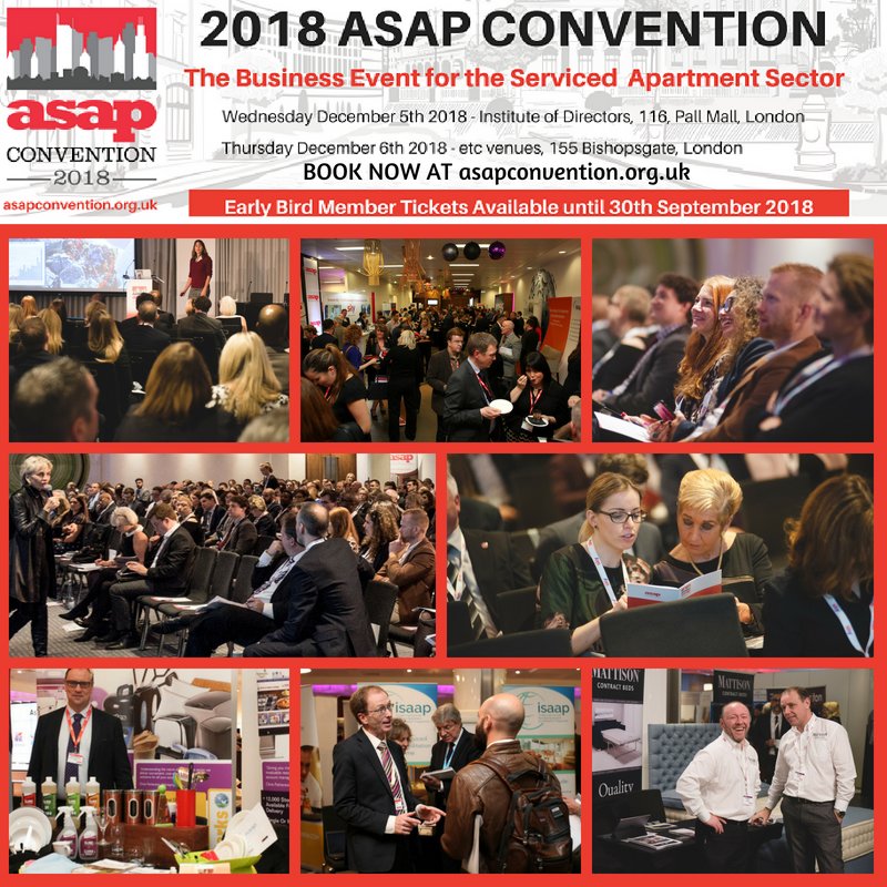 ASAPThe's tweet photo. Delighted to launch ticket sales for the 2018 @ASAPThe Convention.  Now over 2 days buy your tickets for the must attend event for the sector.  Early Bird Member tickets also available.  https://t.co/oUlC7uLX38 #asapconvention #servicedapartments https://t.co/4fMmgQvpN4