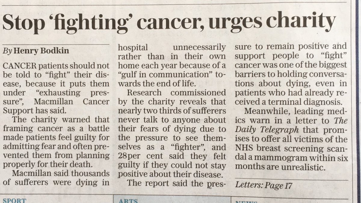My late wife Siân Busby always hated the metaphor of “fighting” cancer or “beating” it. She was always optimistic. And never fatalistic. And endured hideous treatments and operations. But she did not find the idea of cancer as the enemy especially helpful.