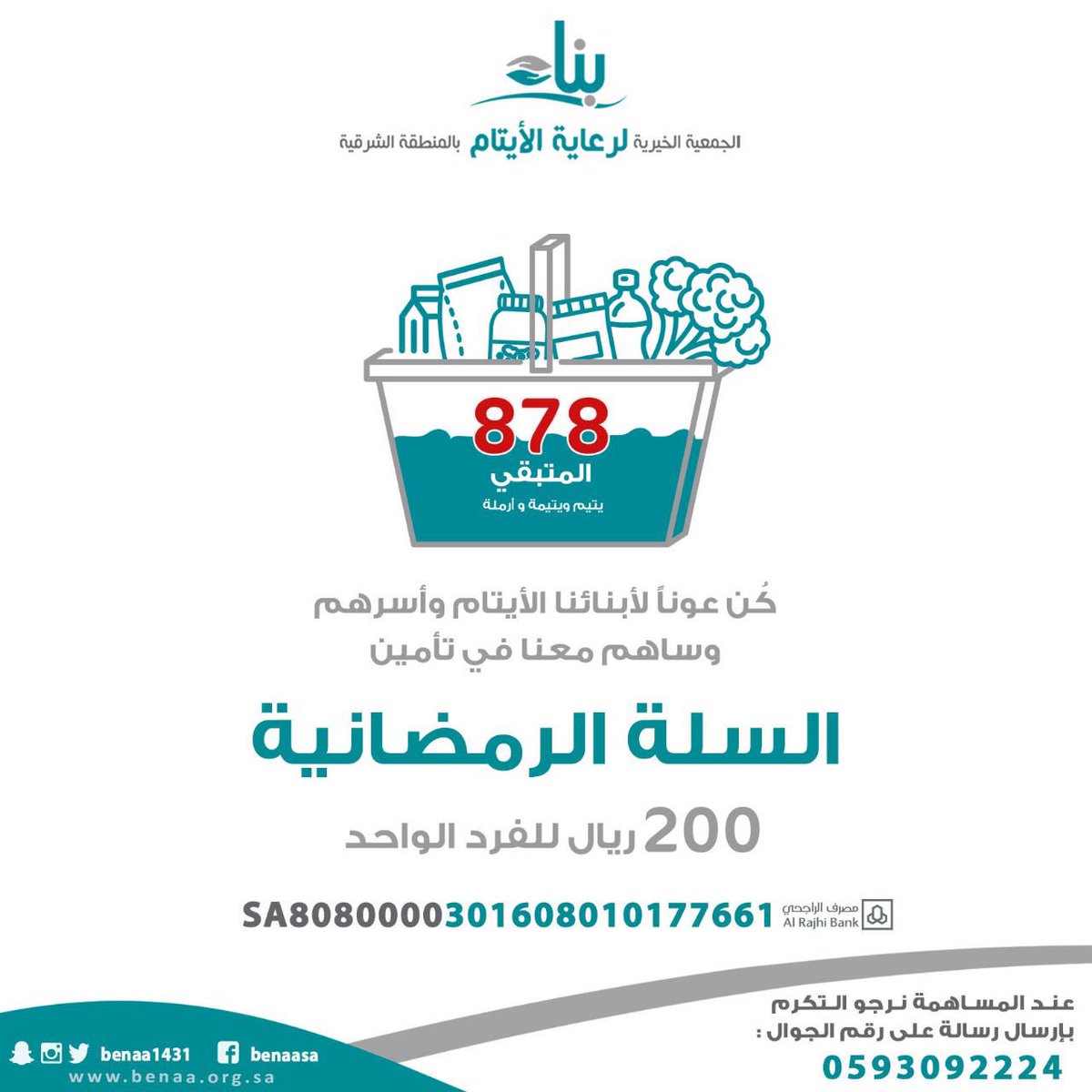 benaa1431's tweet photo. #شهر_الخير تبقى "878" سلة رمضانية  ل 878 يتيم ويتيمة . https://t.co/ZY2IttiqRG