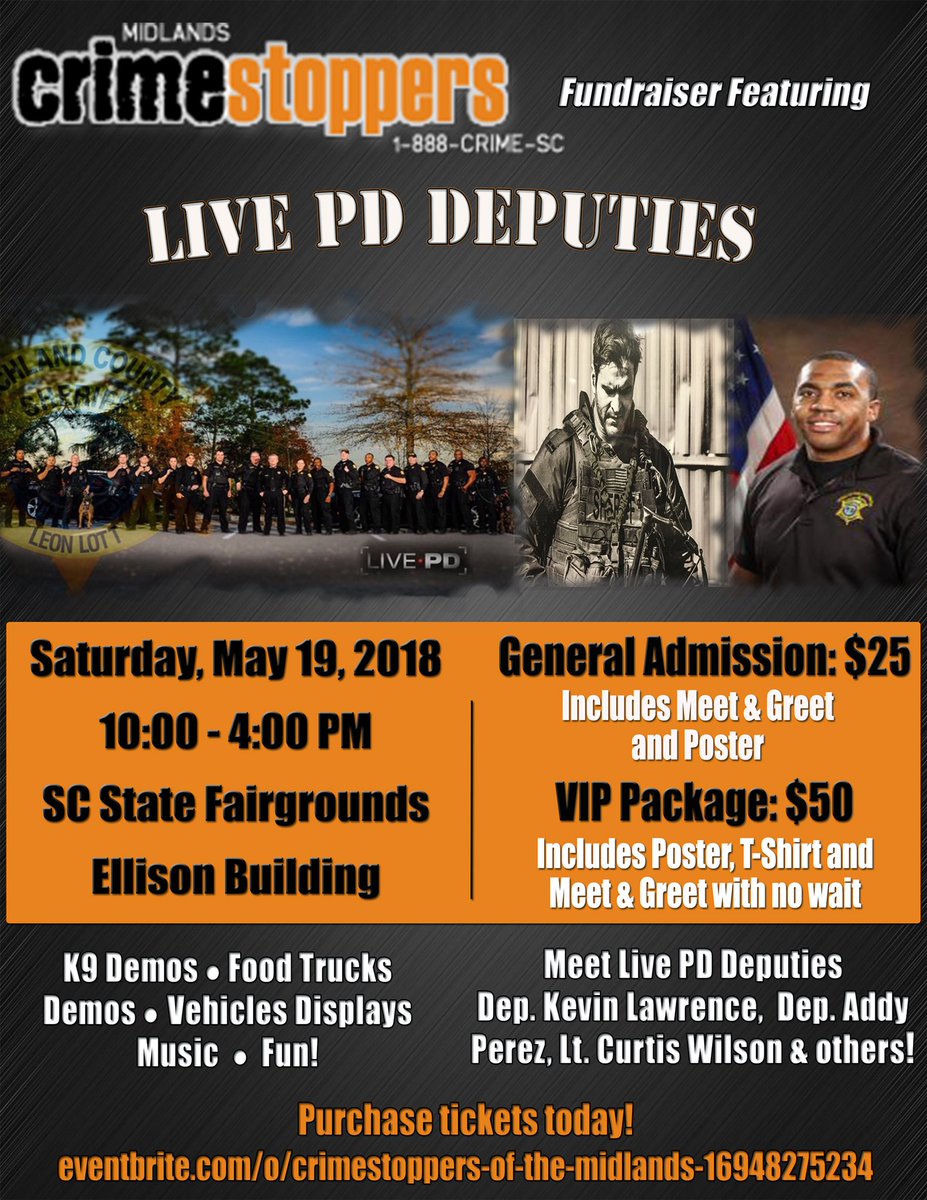 MidlandsCrime's tweet image. Almost here, meet Greenville Sheriff’s Departments Chad Ayers! Go to eventbrite.com and search Midlands Crimestoppers for tickets! @RCSD @ayerscg497 #LivePd