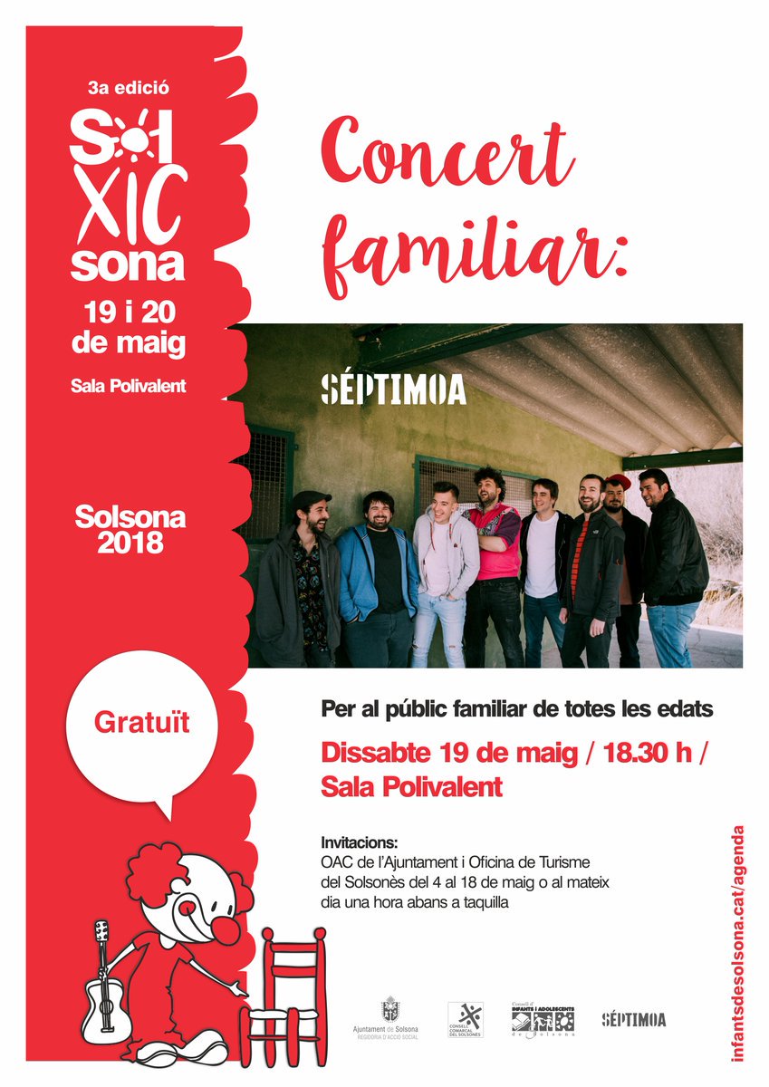 SeptimoAoficial's tweet photo. Dissabte 19 de maig participarem a la 3a edició del SolXicSona!
Un concert familiar per a totes les edats a la sala polivalent de Solsona.
Us hi esperem!
.
.
#septimoa #solxicsona18 #solxicsona #winni #pandaartist #musiclife https://t.co/tcFjCoIvBK