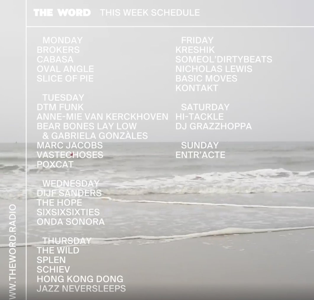 This week on theword.radio, Brokers (Oswald Moris), Cabasa, Oval Angle (Geran Knol), DTM Funk, Anne-Mie Van Kerckhoven, Vastechoses, The HOPE, Dijf Sanders, Onda Sonora, Kontakt, Hi-Tackle and Entr'acte.