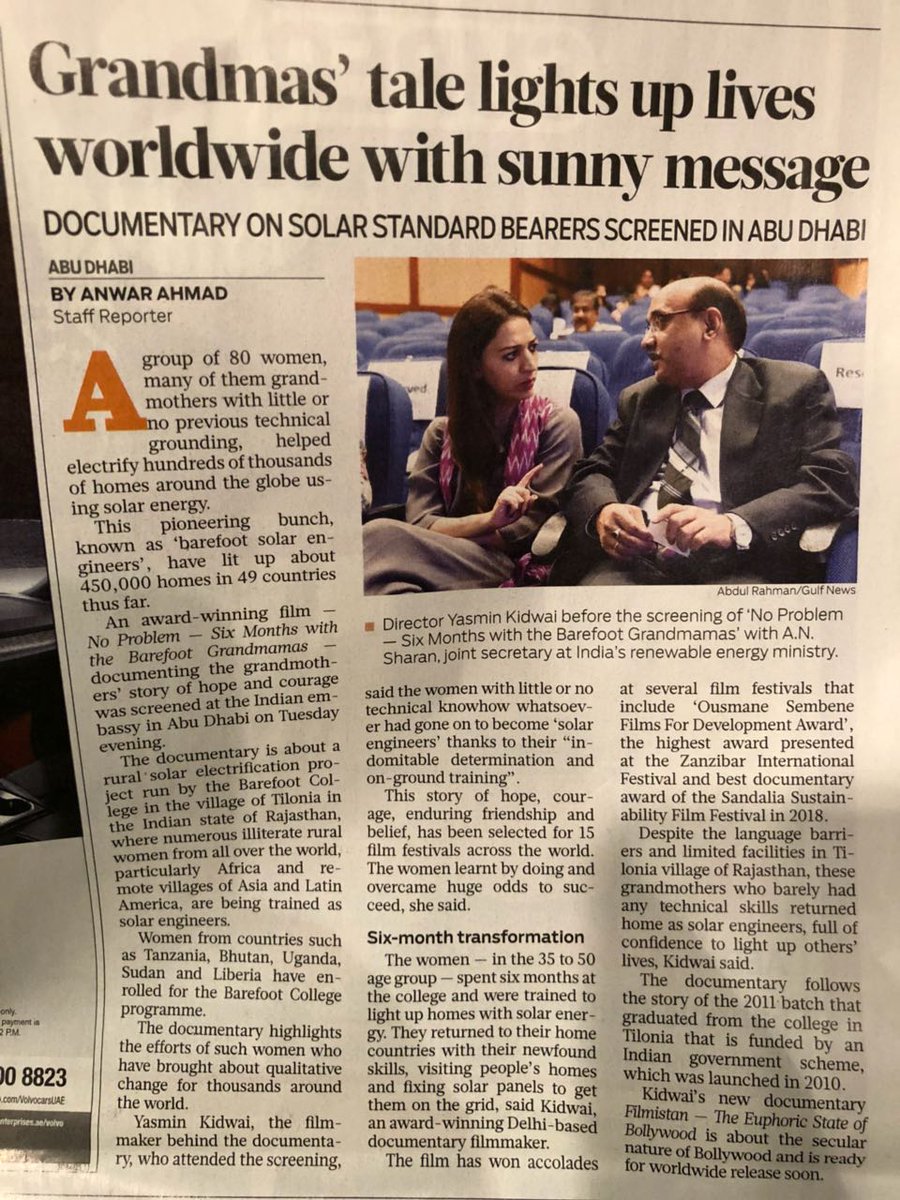 springboxfilms's tweet photo. Thank you @gulf_news for this lovely write up. We need stories of women as protagonists and agents of change to spread further and wonder.
Thank you, Navdeep Suri, Indian Embassy in Abu Dhabi and @IRENA .
@navdeepsuri  @IndembAbuDhabi  @YasminKidwai #Solar #Women #Documentary https://t.co/mvXHl99SyD