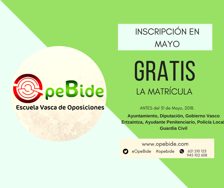 ¿Opositamos? En #Mayo #opebide te anima a dar el paso YA para que #nopierdaseltiempo con la Matrícula #gratis si te inscribes antes del 31 de #Mayo ► opebide.com ► rellena el formulario de contacto "Oferta Mayo" y cuéntanos! en #VitoriaGasteiz