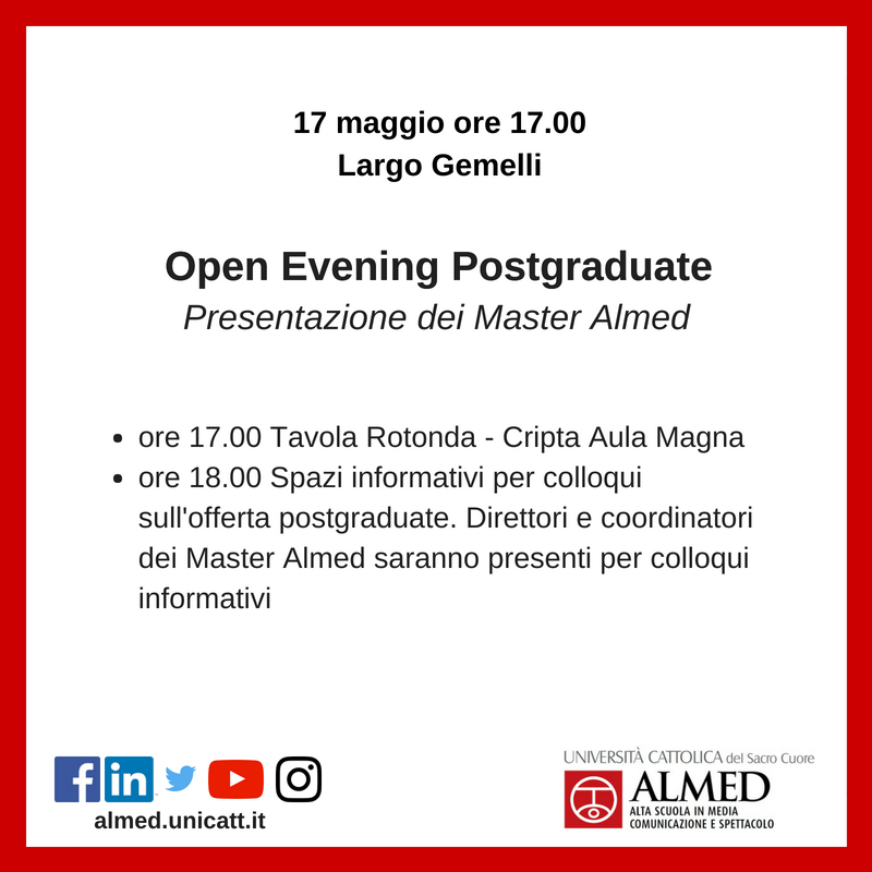 Almed_Unicatt's tweet photo. Vi aspettiamo giovedì per l'Open Evening Postgraduate @Unicatt in cui verrà presentata anche l'offerta formativa dei Master Almed ➡️ https://t.co/otIDeuXgO5 
Tutti i dettagli sull'Open Evening ➡️ https://t.co/R4s04eHakf https://t.co/4xbKNpKiDQ