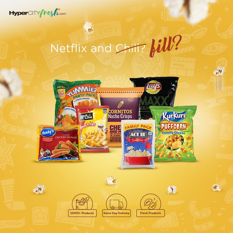 You bring the movies, we bring the munchies. Get your favourite snacks delivered within 3 hours, just in time for your show! Only at hypercityfresh.com #SummerDelights

FLAT ₹200/- OFF on your first purchase of ₹999/- 
Use Code WELCOME200
*T&amp;C Apply