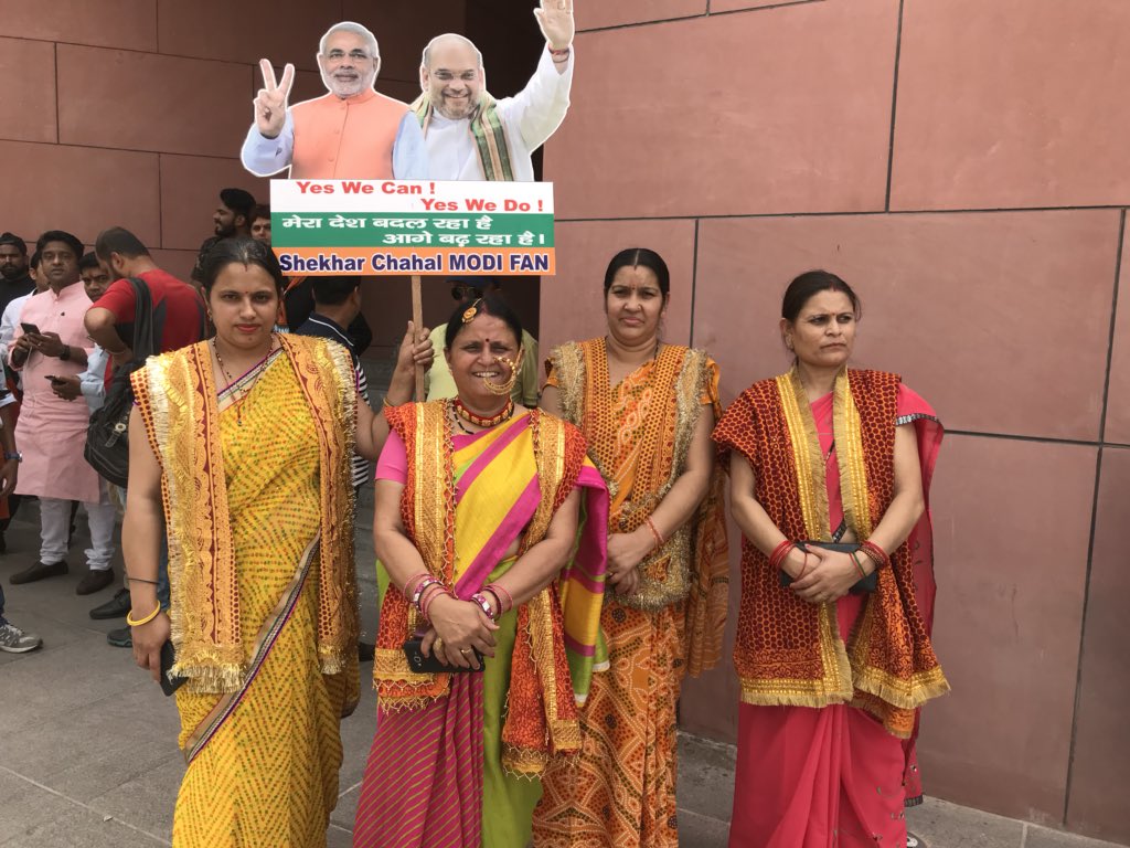 May be of interest to Uttarakhand people. Celebrating Karnataka win in  Delhi are these BJP ladies in full Kumaoni wedding dress ! Pichhoda, Nath  et al