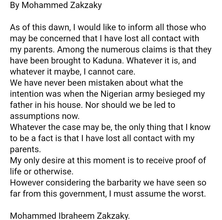 Update on #SheikhZakzaky by his only surviving Son Muhammad Ibrahim Zakzaky
@OurMumuDonDo
@AmnestyNigeria @ihrc @renoomokri @Gidi_Traffic @Purestreammedia @BREAKING_PTV @daily_trust @AishaYesufu @NGRWailers @NewsRescue @john_danfulani @segalink @DailyPostNGR @PremiumTimesng @hrw