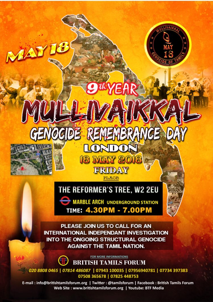 BritishTamils's tweet photo. #Tamil genocide remembrance, we kindly invite you to join us to mourn with Tamil community for victims of 2009 #Srilanka killings @MayorofLondon @theresa_may @jeremycorbyn @BorisJohnson https://t.co/z91Huekpt7