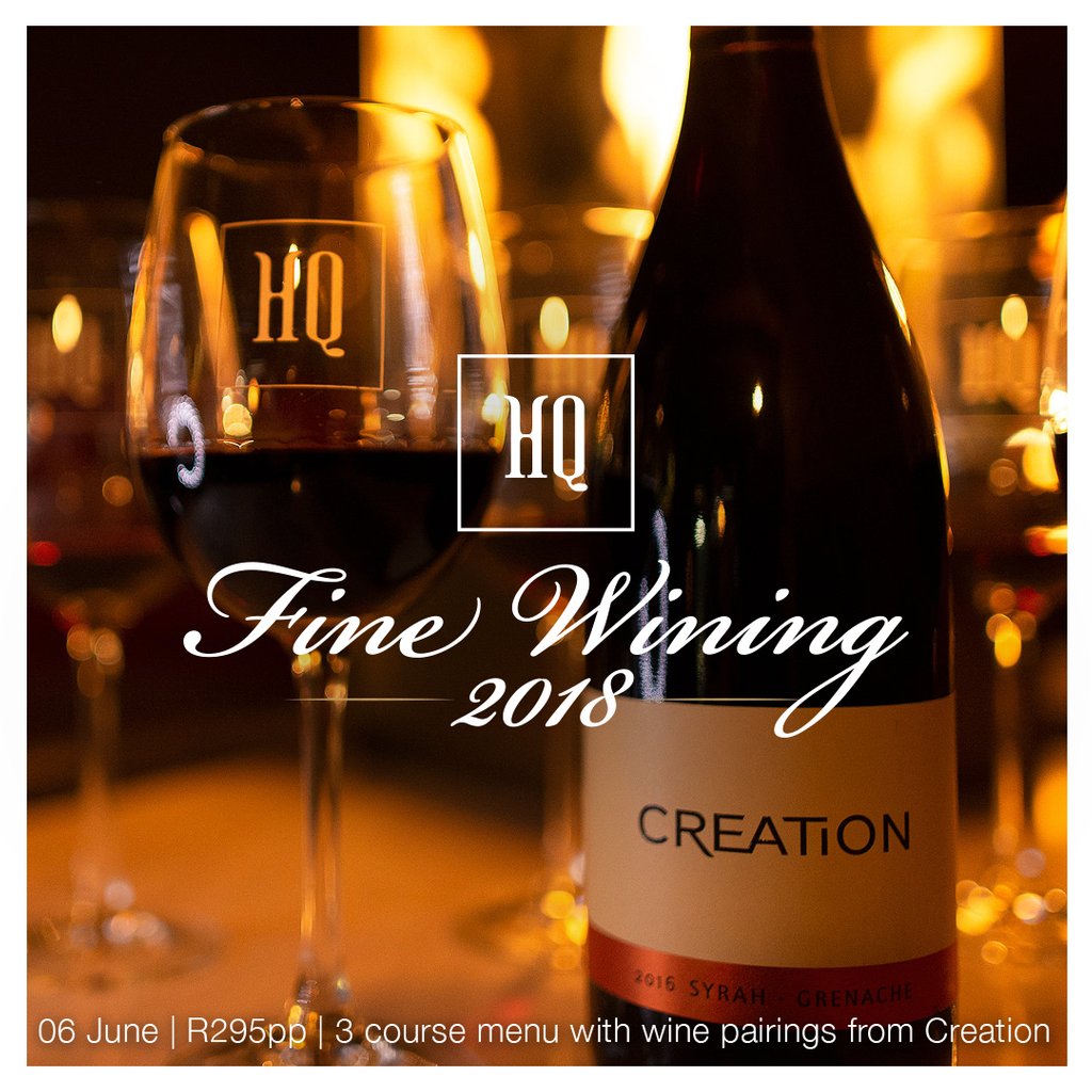 Join us at <a href="/HQRestaurant/">HQ Restaurant & Bar</a> for an evening of Fine Wining! 
R295PP - 3 course menu with wine pairings from Creation + Live entertainment.
Reservations: management @ hqrestaurant.co.za / 021 424 6373 

#finewine #finefood #pairingdinner #finedining #creationwines #hqrestaurant