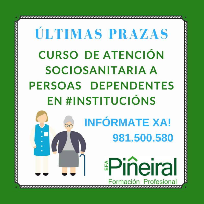 EfaPineiral's tweet photo. Fórmate para traballar nunha profesión cunha altísima demanda de profesionais cualificados. Últimos dias de matrícula aberta para o noso vindeiro curso de #atención socio sanitaria a persoas #dependentes en #institucións. 
Infórmate xa! 981.500.580 pineiral@pineiral.es https://t.co/jM4lFwzb4s